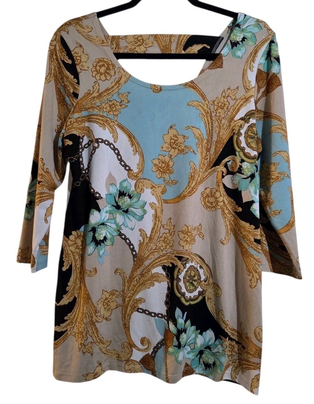 Dress Barn Woman’s Sz L Flowy Equestrian Boho Peasant Blouse Stretch Jersey Knit
